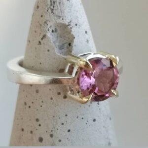 18ct gold double gallery set pink tourmaline and silver ring