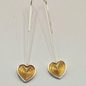 Silver engraved hearts with 24ct gold plating, dangle earrings - Image 3