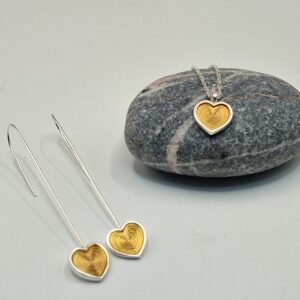 Silver engraved hearts with 24ct gold plating, dangle earrings - Image 2