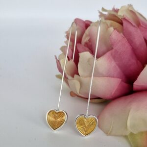 Silver engraved hearts with 24ct gold plating, dangle earrings