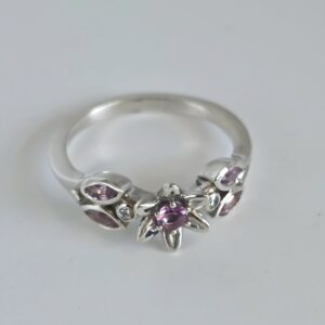 Pink sapphire and diamond, silver flower ring - Image 2