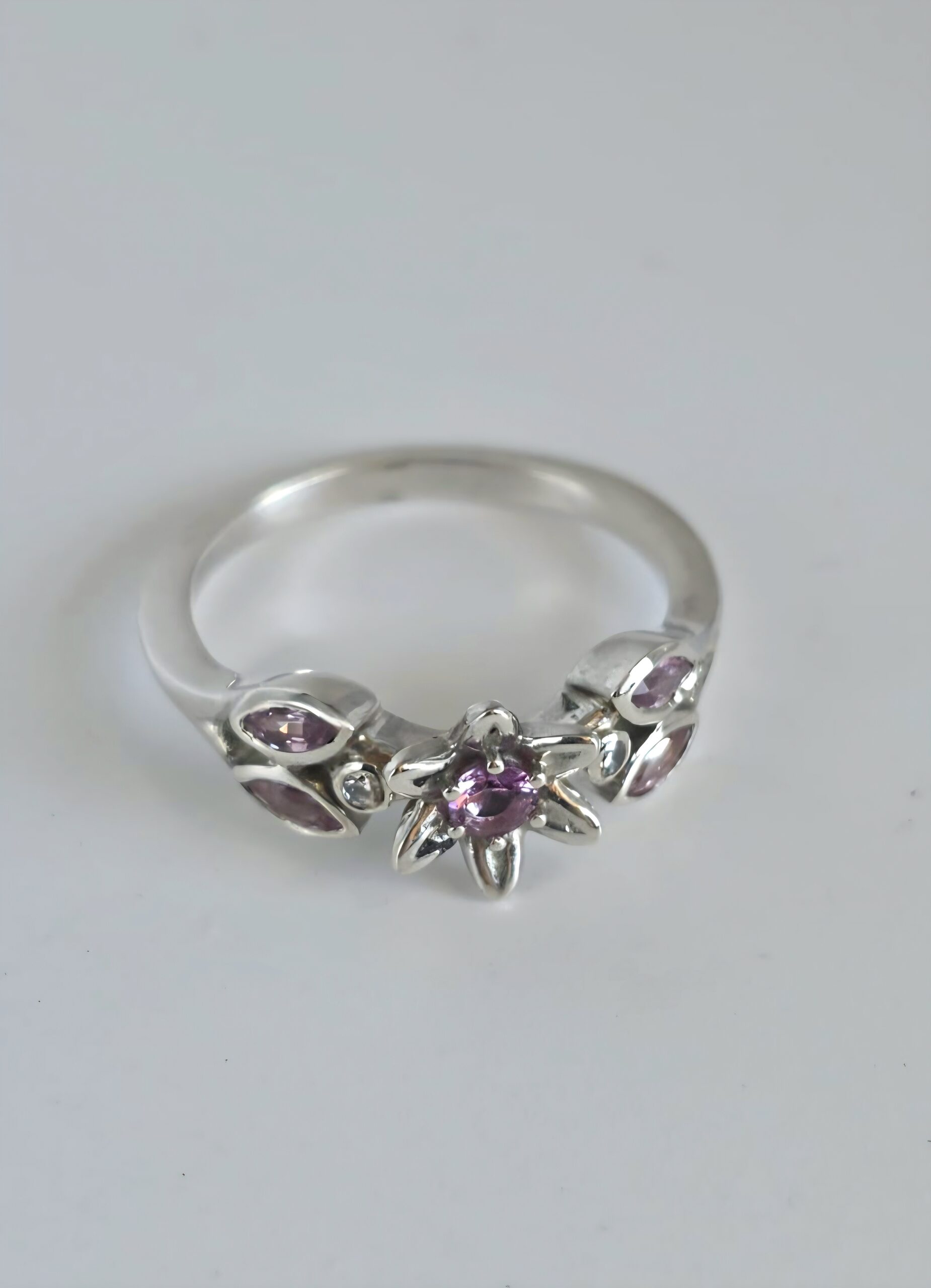 Pink sapphire and diamond, silver flower ring - Image 2